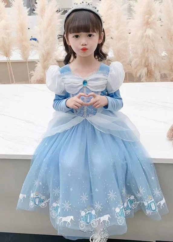 Fine Blue Wrinkled Cartoon Patchwork Tulle Kids Girls Princess Dress Fall - Image 2