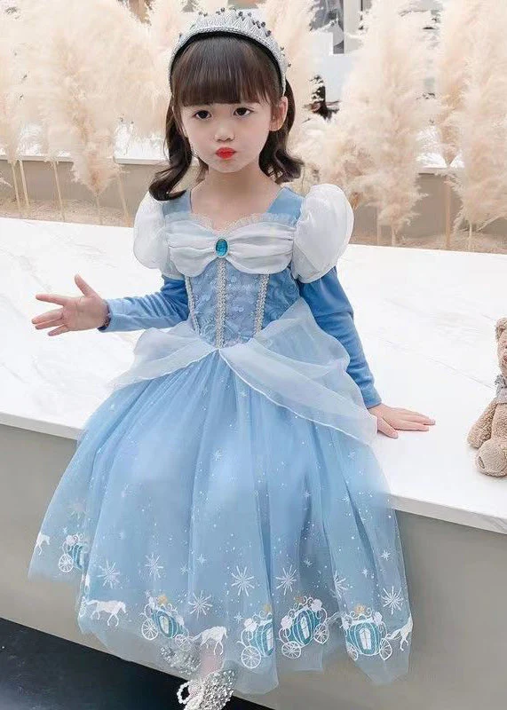 Fine Blue Wrinkled Cartoon Patchwork Tulle Kids Girls Princess Dress Fall - Image 3