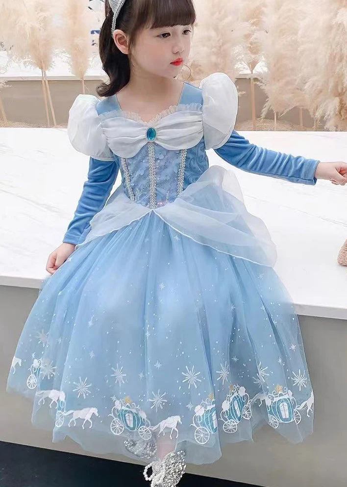 Fine Blue Wrinkled Cartoon Patchwork Tulle Kids Girls Princess Dress Fall - Image 4