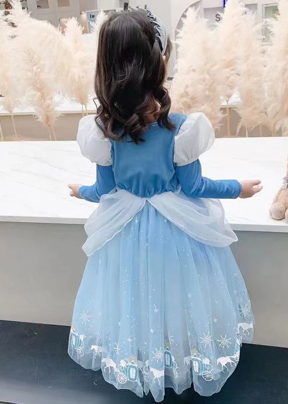 Fine Blue Wrinkled Cartoon Patchwork Tulle Kids Girls Princess Dress Fall - Image 5