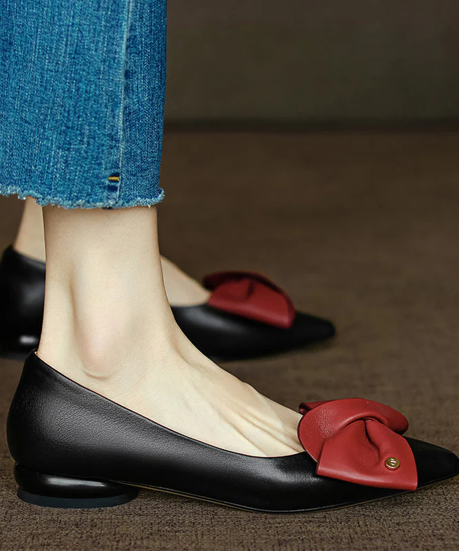 Fine Bow Pointed Toe Flat Feet Shoes Black Faux Leather - Image 4