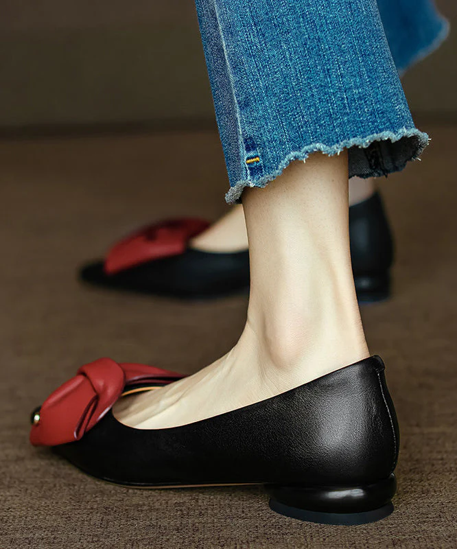 Fine Bow Pointed Toe Flat Feet Shoes Black Faux Leather - Image 5