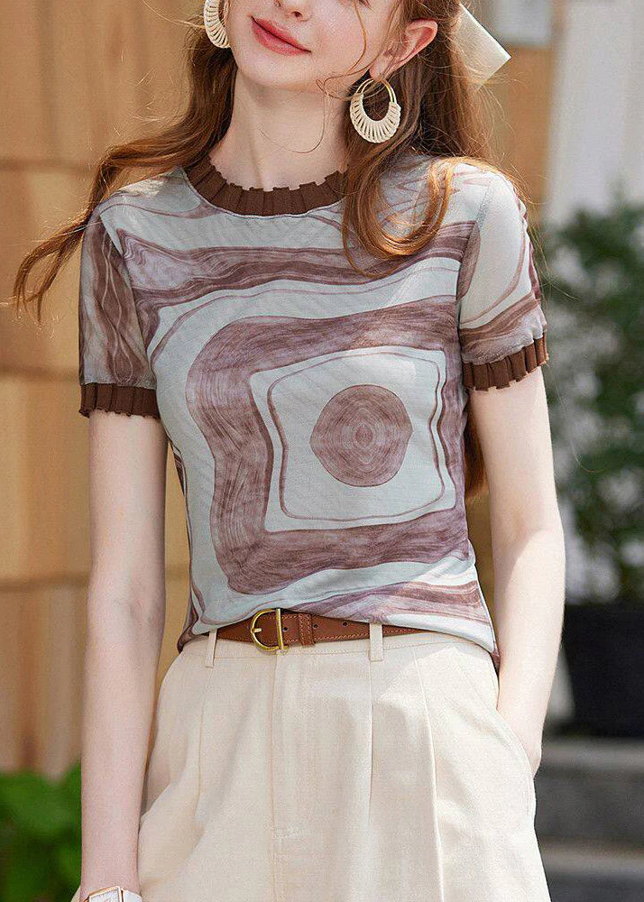 Fine Brown Ruffled Print Chiffon Tanks Summer
