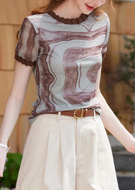 Fine Brown Ruffled Print Chiffon Tanks Summer - Image 4