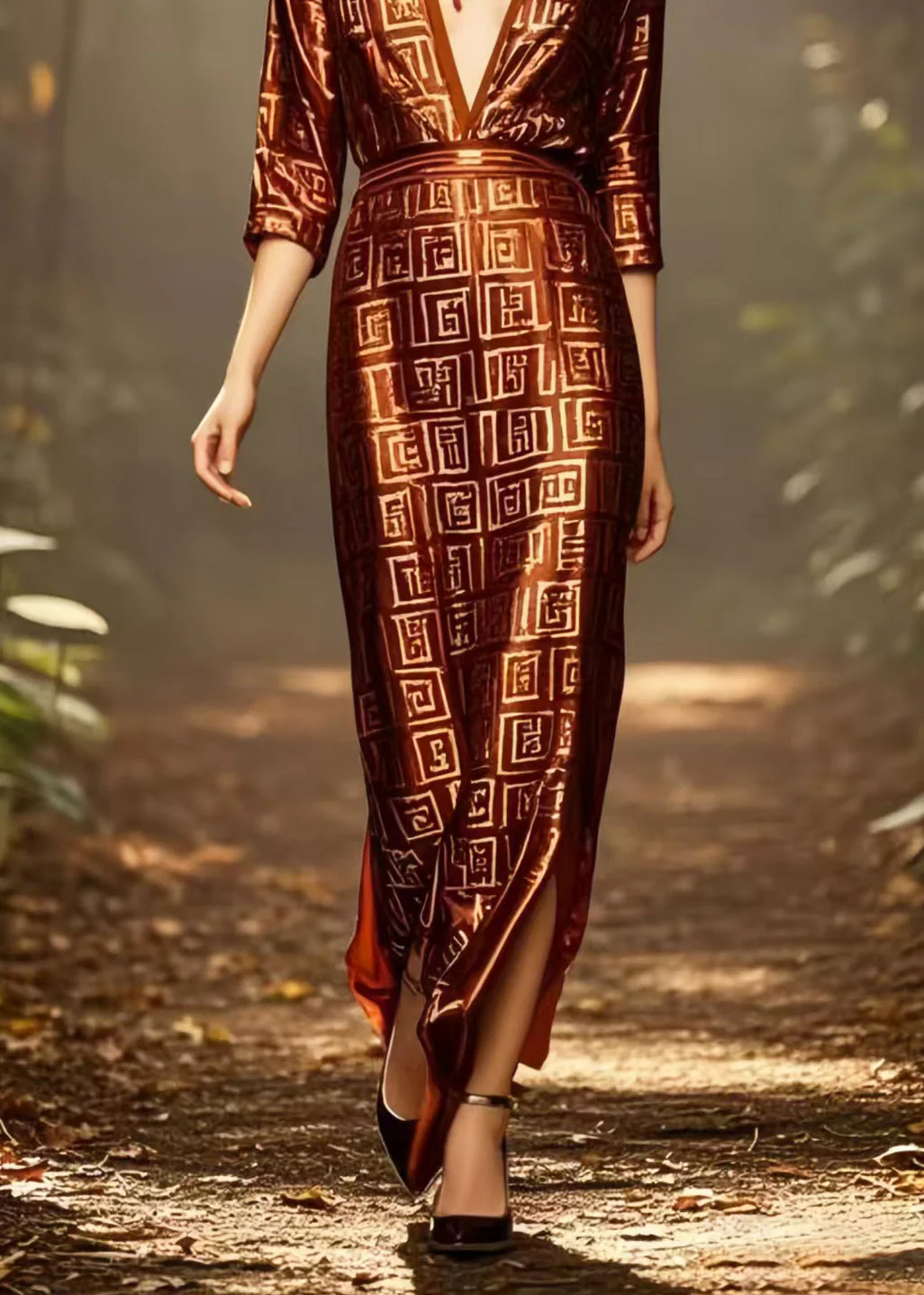 Fine Chocolate Deep-V Neck Print Draping Silk Dress Bracelet Sleeve - Image 4