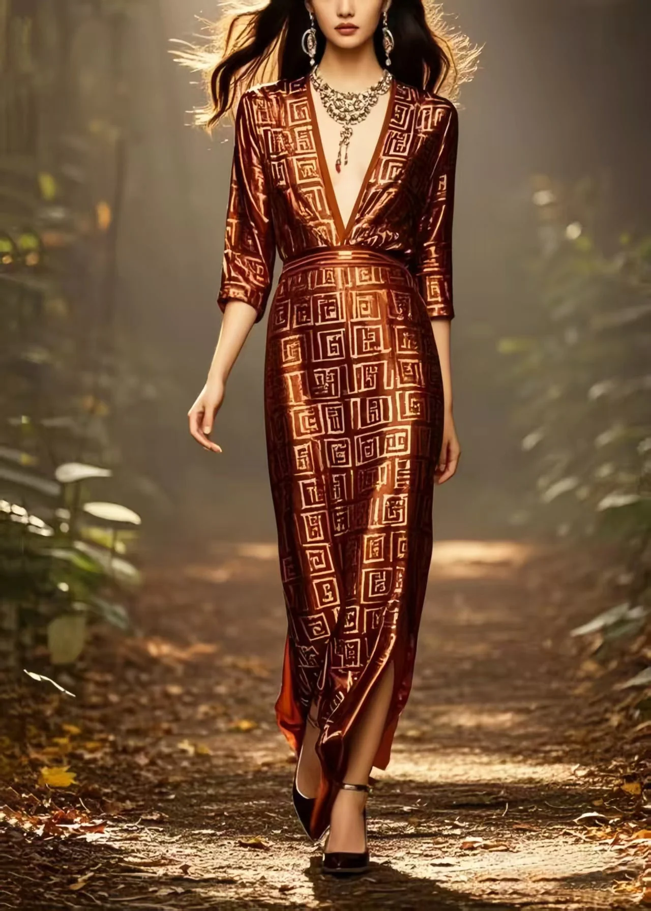 Fine Chocolate Deep-V Neck Print Draping Silk Dress Bracelet Sleeve - Image 5