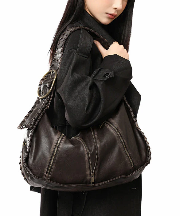 Fine Chocolate Solid Durable Zippered Faux Leather Shoulder Bags - Image 3