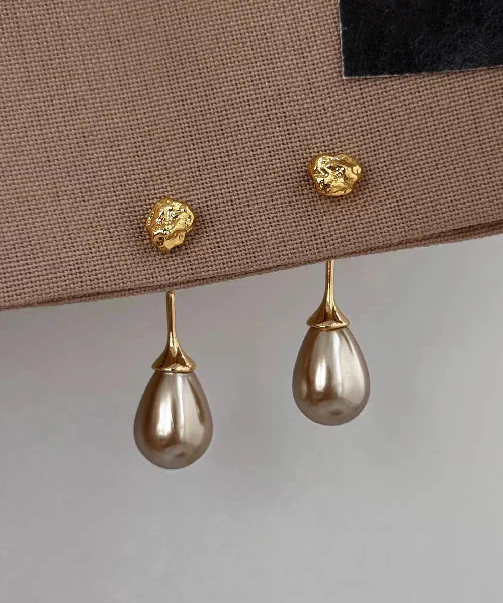 Fine Coffee Sterling Silver Overgild Pearl Water Droplet Drop Earrings - Image 2