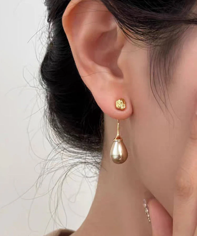 Fine Coffee Sterling Silver Overgild Pearl Water Droplet Drop Earrings - Image 5