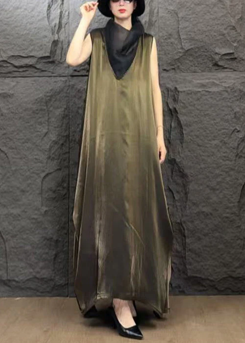 Fine Coffee Turtleneck Patchwork Silk Long Dress Sleeveless - Image 2