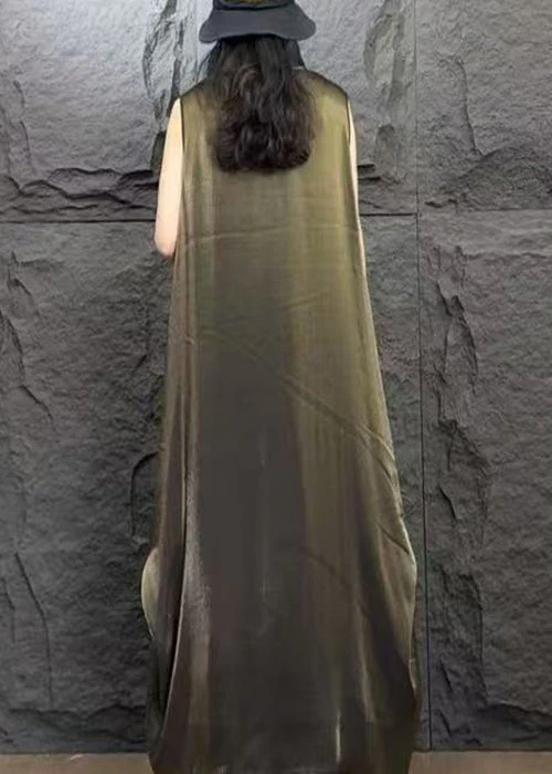 Fine Coffee Turtleneck Patchwork Silk Long Dress Sleeveless - Image 4