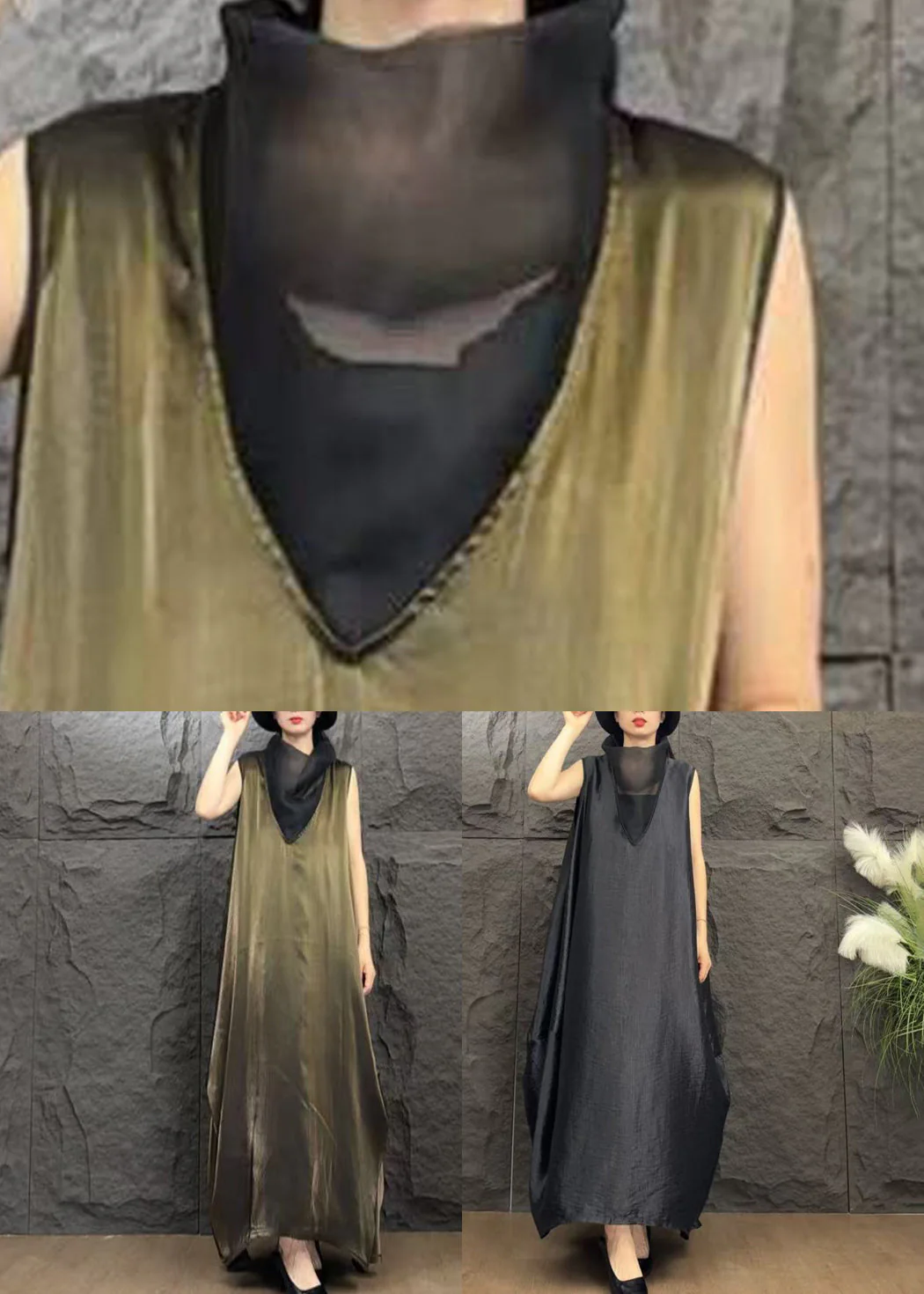 Fine Coffee Turtleneck Patchwork Silk Long Dress Sleeveless - Image 5