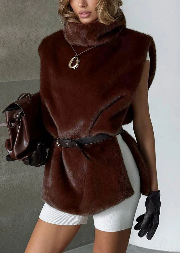 Fine Coffee Turtleneck Side Open Fluffy Waistcoat Sleeveless