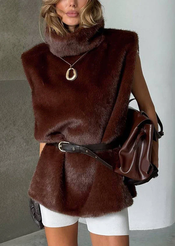 Fine Coffee Turtleneck Side Open Fluffy Waistcoat Sleeveless - Image 2