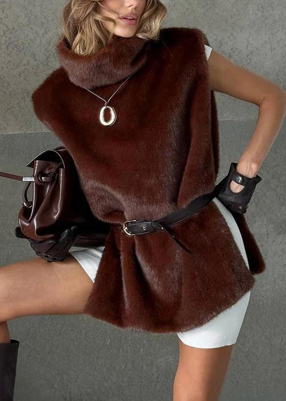 Fine Coffee Turtleneck Side Open Fluffy Waistcoat Sleeveless - Image 3