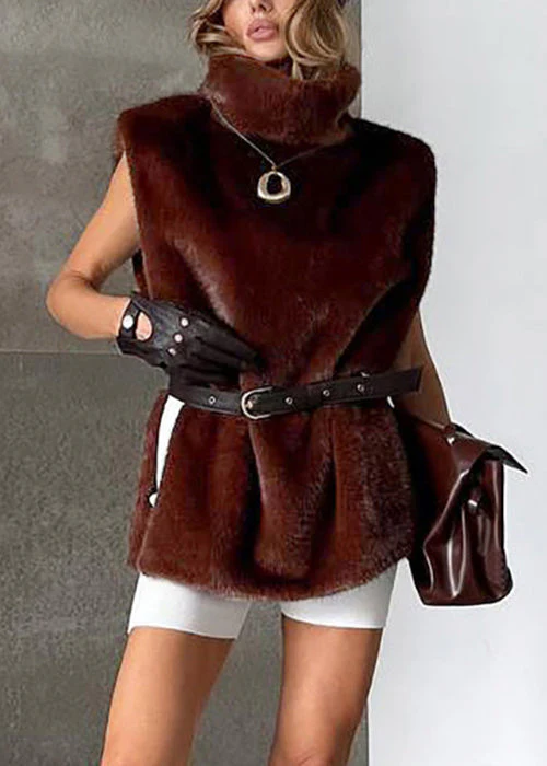 Fine Coffee Turtleneck Side Open Fluffy Waistcoat Sleeveless - Image 4
