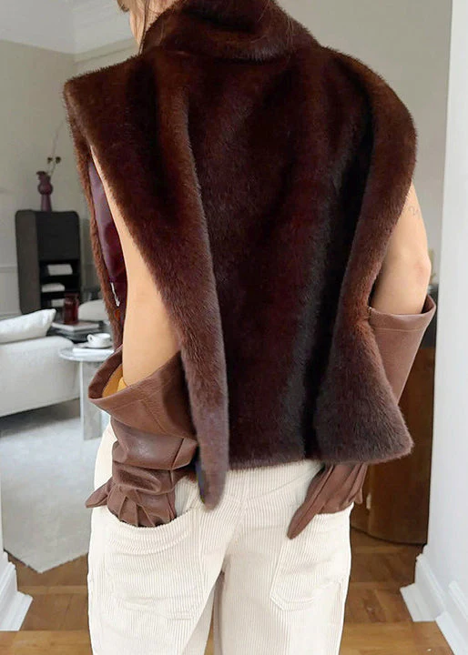 Fine Coffee Turtleneck Side Open Fluffy Waistcoat Sleeveless - Image 5