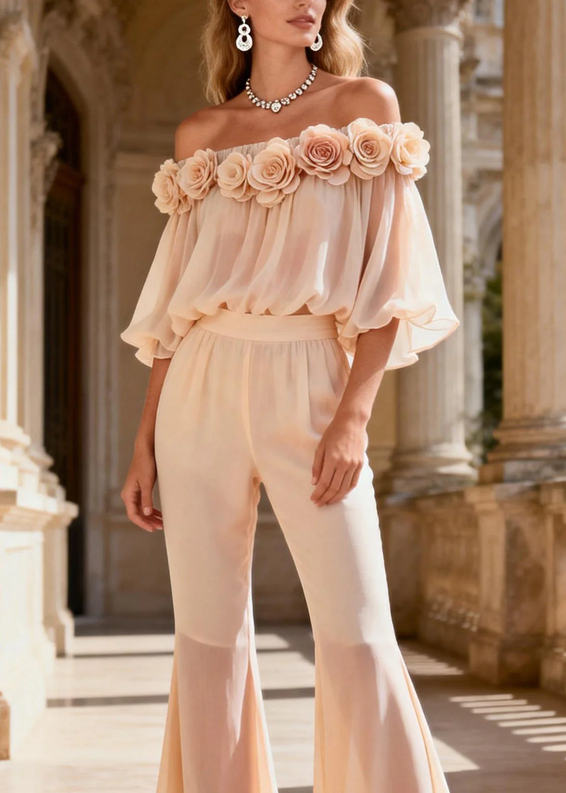 Fine Cold Shoulder Floral Top And Pants Silk Two Pieces Set Summer - Image 2