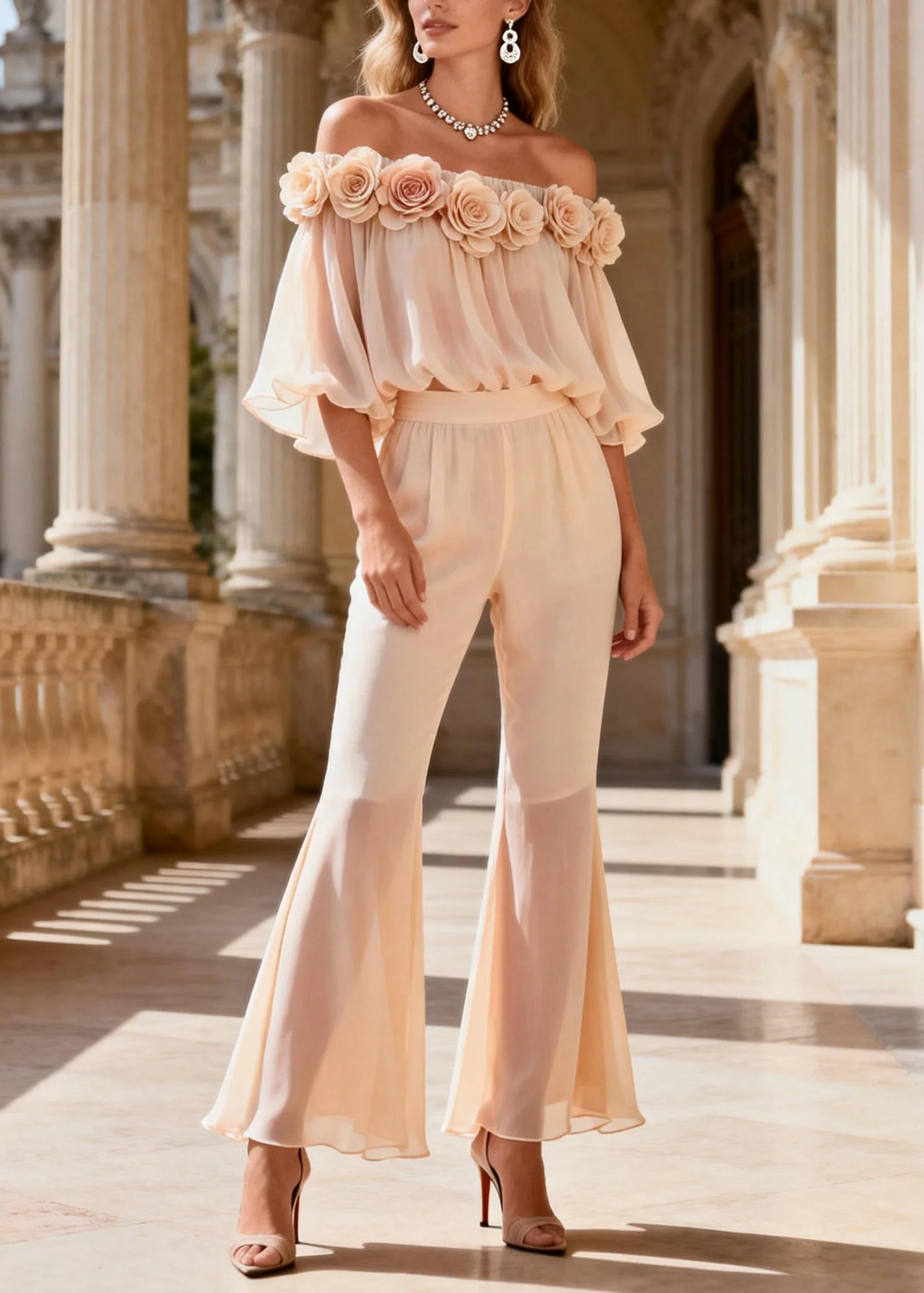 Fine Cold Shoulder Floral Top And Pants Silk Two Pieces Set Summer - Image 3
