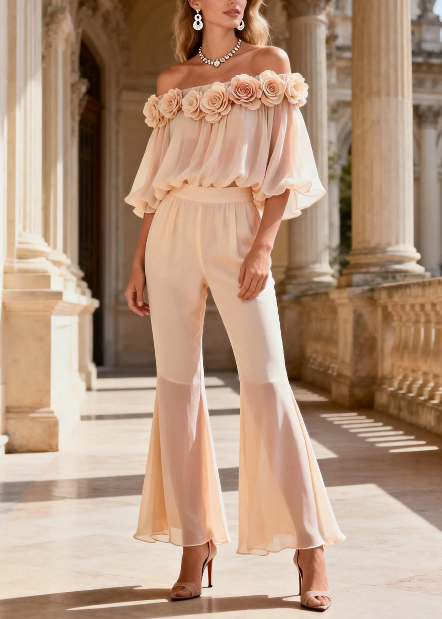 Fine Cold Shoulder Floral Top And Pants Silk Two Pieces Set Summer - Image 5