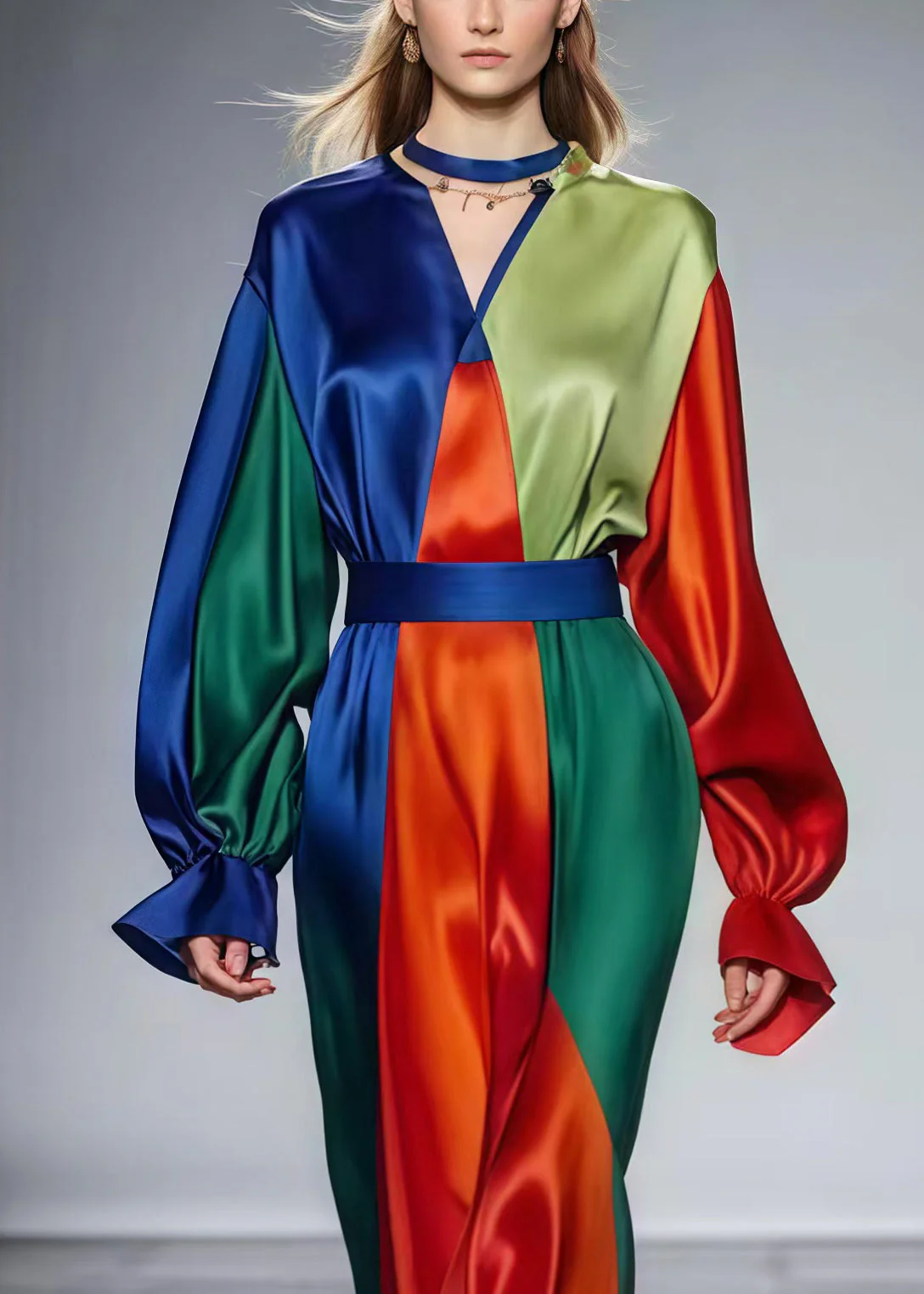 Fine Colorblock Cinched Patchwork Silk Vestidos Dress Spring - Image 3