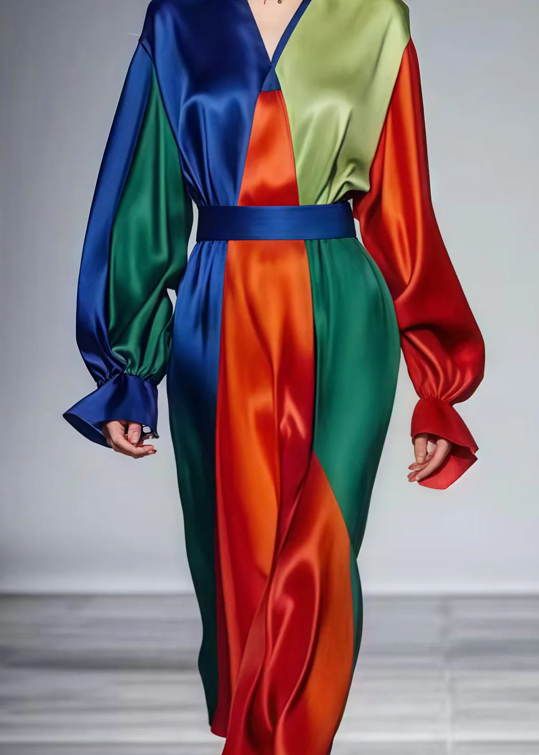 Fine Colorblock Cinched Patchwork Silk Vestidos Dress Spring - Image 4