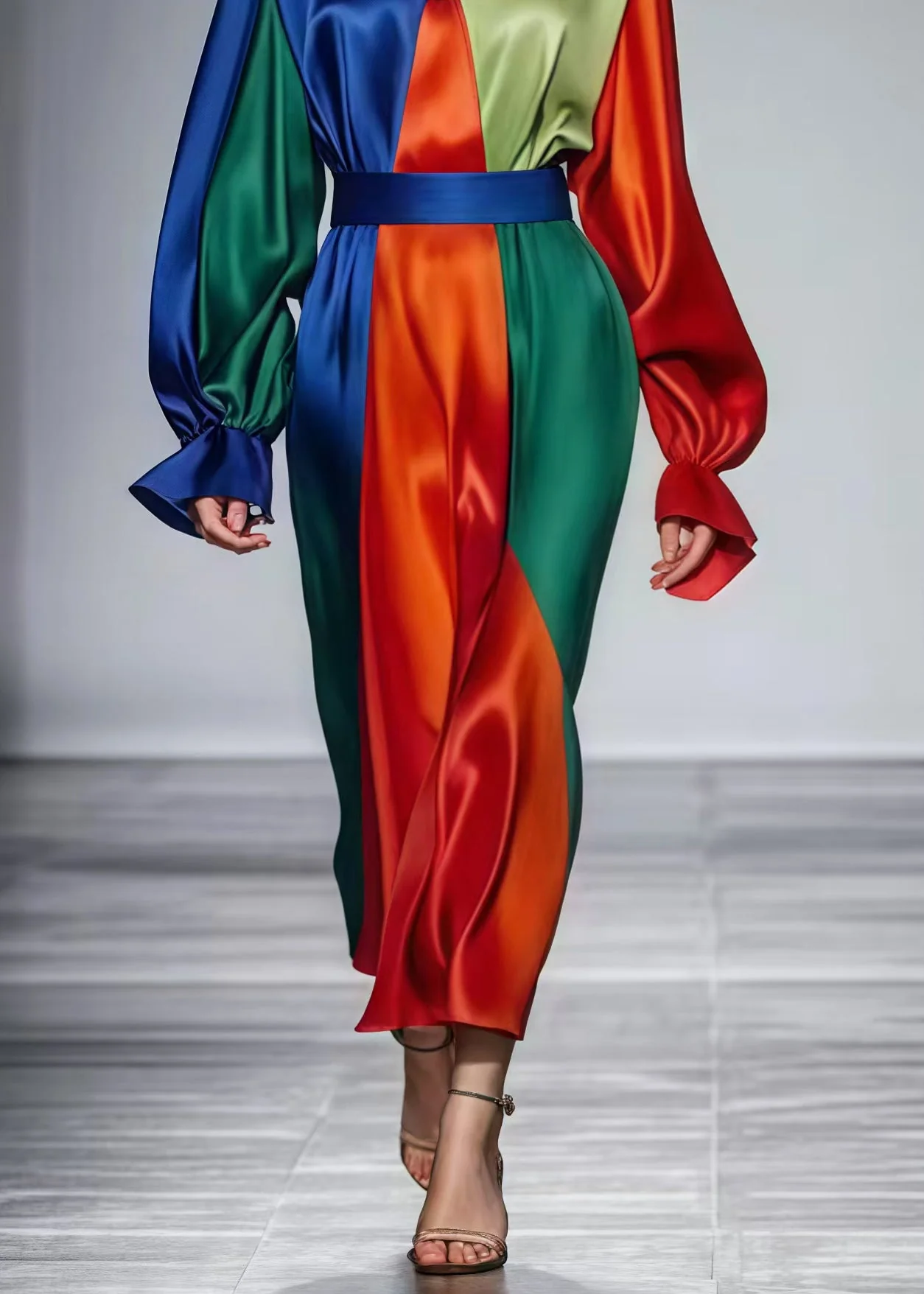 Fine Colorblock Cinched Patchwork Silk Vestidos Dress Spring - Image 5