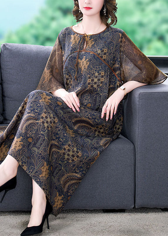 Fine Colorblock O Neck Print Patchwork Silk Long Dress Summer - Image 2