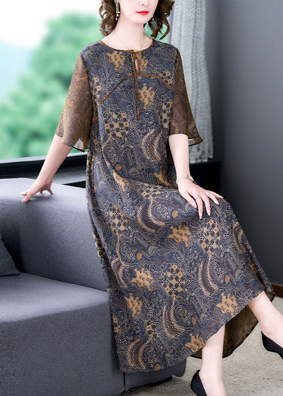 Fine Colorblock O Neck Print Patchwork Silk Long Dress Summer - Image 3
