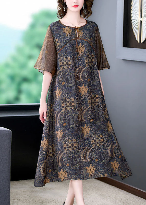 Fine Colorblock O Neck Print Patchwork Silk Long Dress Summer - Image 4