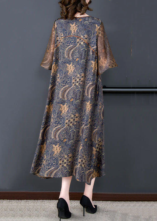 Fine Colorblock O Neck Print Patchwork Silk Long Dress Summer - Image 5