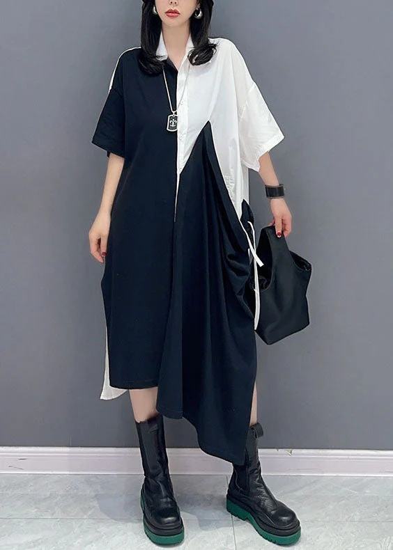 Fine Colorblock Peter Pan Collar Patchwork Cotton Shirts Dress Summer - Image 2