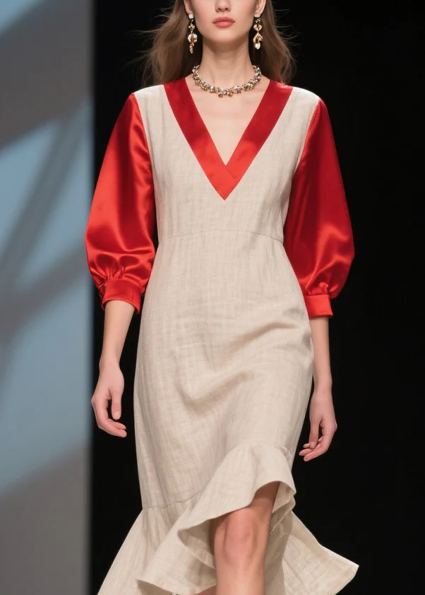 Fine Colorblock Ruffled Patchwork Linen Silk Dress Summer - Image 2