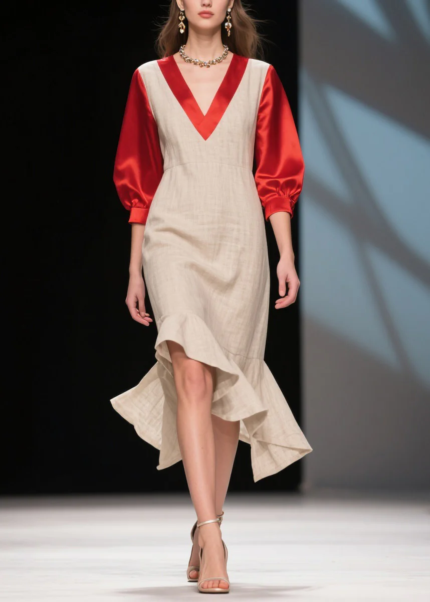 Fine Colorblock Ruffled Patchwork Linen Silk Dress Summer - Image 3