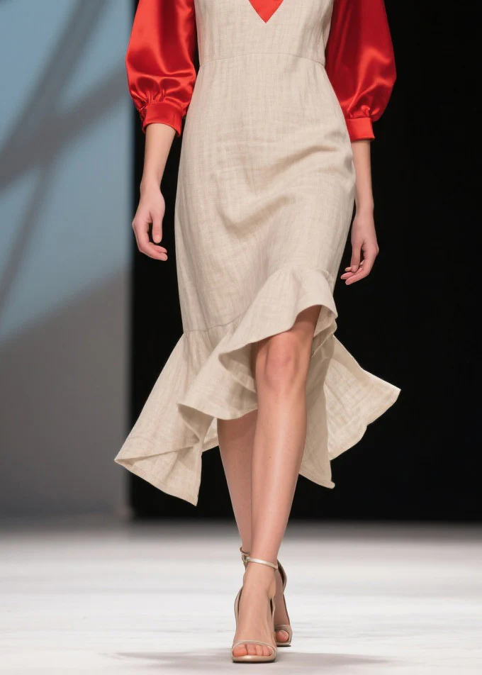 Fine Colorblock Ruffled Patchwork Linen Silk Dress Summer - Image 4