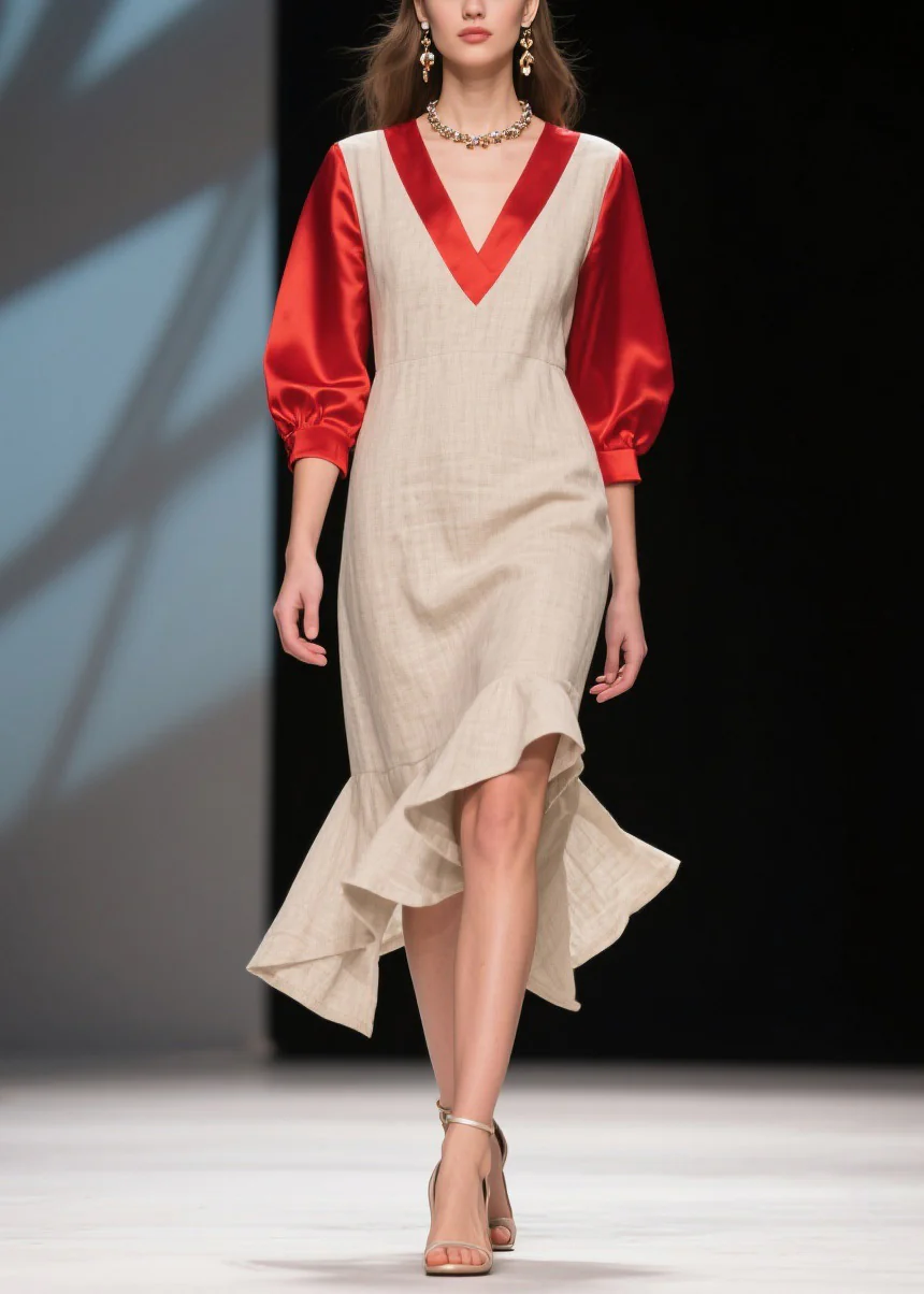 Fine Colorblock Ruffled Patchwork Linen Silk Dress Summer - Image 5