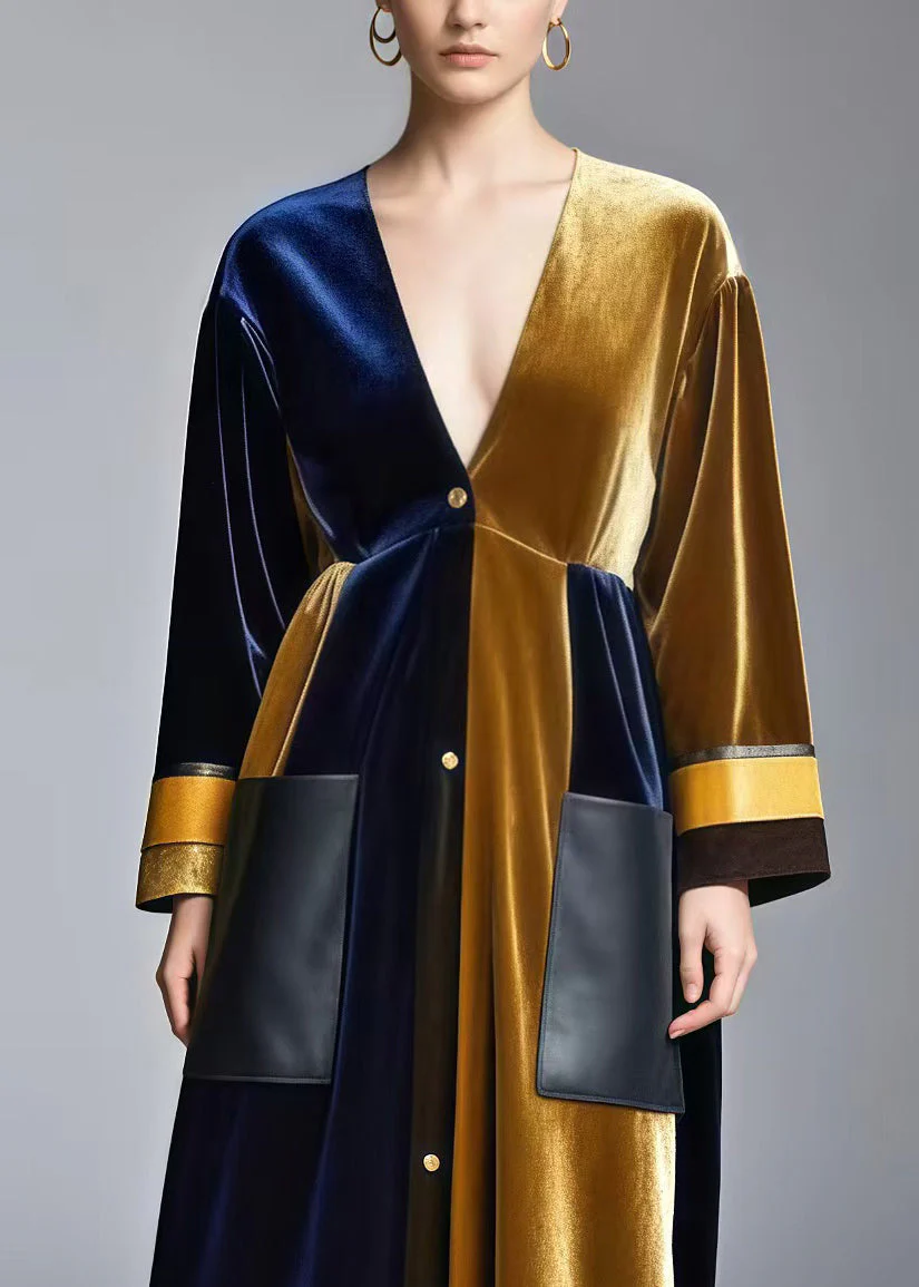 Fine Colorblock V Neck Patchwork Pockets Silk Velvet Holiday Dress Spring - Image 2