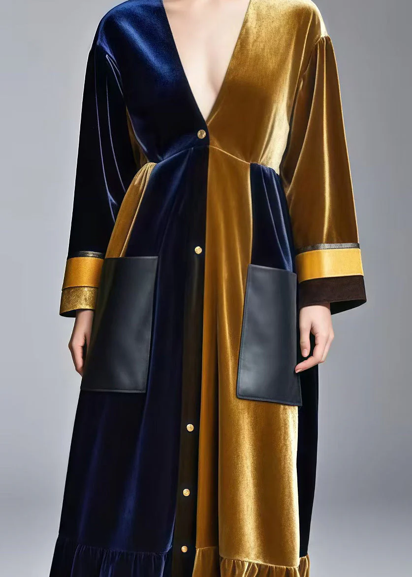 Fine Colorblock V Neck Patchwork Pockets Silk Velvet Holiday Dress Spring - Image 3