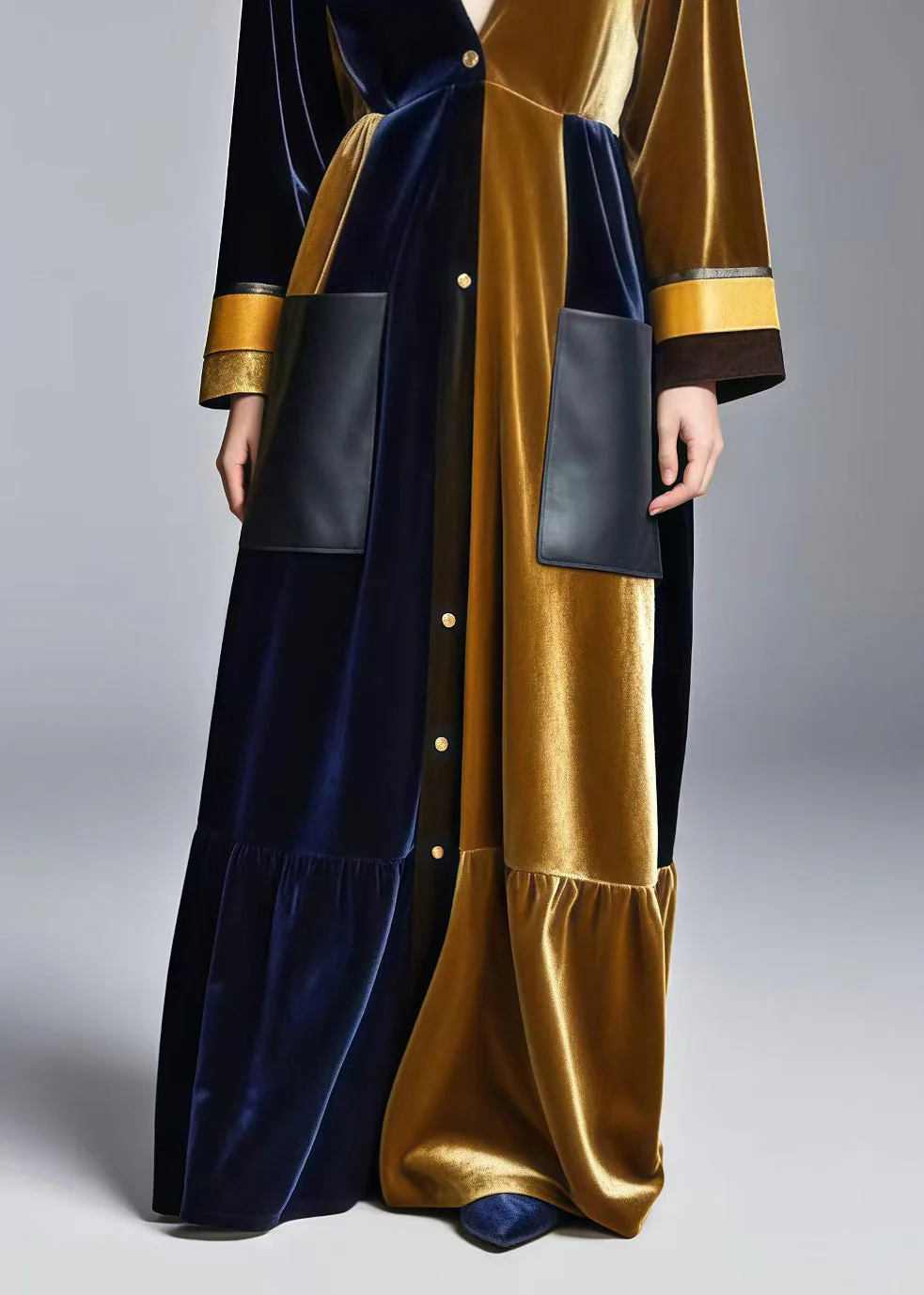 Fine Colorblock V Neck Patchwork Pockets Silk Velvet Holiday Dress Spring - Image 4