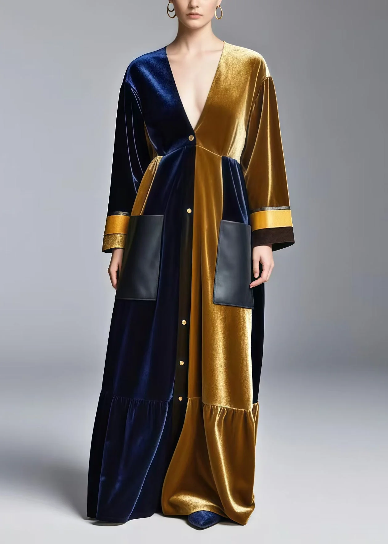 Fine Colorblock V Neck Patchwork Pockets Silk Velvet Holiday Dress Spring - Image 5