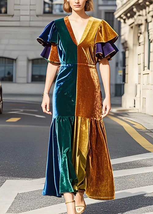 Fine Colorblock V Neck Patchwork Velvet Dress Butterfly Sleeve - Image 2