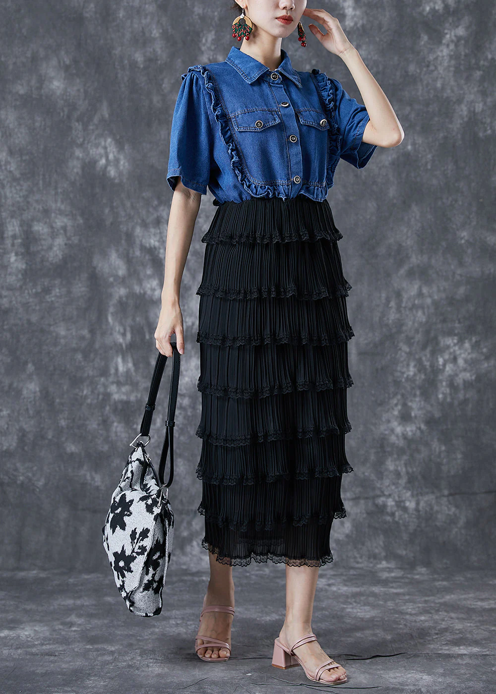 Fine Denim Blue Ruffled Patchwork Elastic Waist Fake Two Piece Holiday Dress Summer - Image 2