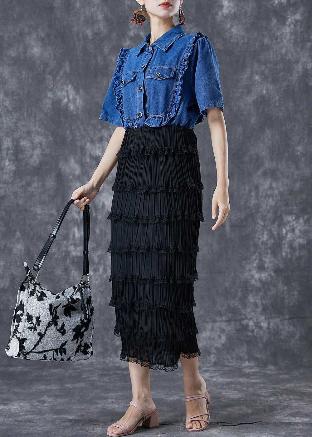 Fine Denim Blue Ruffled Patchwork Elastic Waist Fake Two Piece Holiday Dress Summer - Image 3