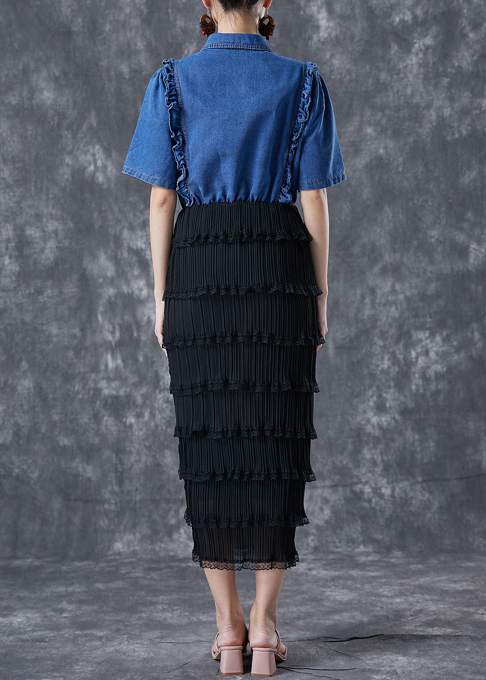 Fine Denim Blue Ruffled Patchwork Elastic Waist Fake Two Piece Holiday Dress Summer - Image 4