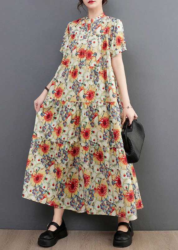 Fine Floral Print Stand Collar Exra Large Hem Cotton Shirt Dresses Summer - Image 2