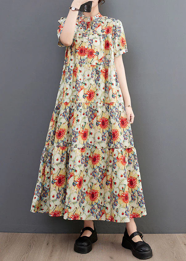Fine Floral Print Stand Collar Exra Large Hem Cotton Shirt Dresses Summer - Image 3