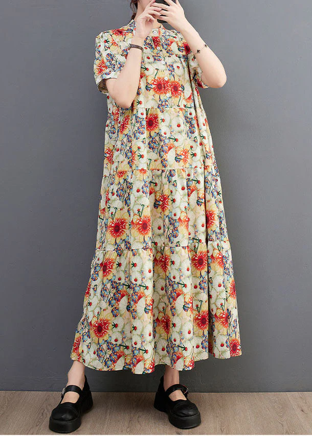 Fine Floral Print Stand Collar Exra Large Hem Cotton Shirt Dresses Summer - Image 4