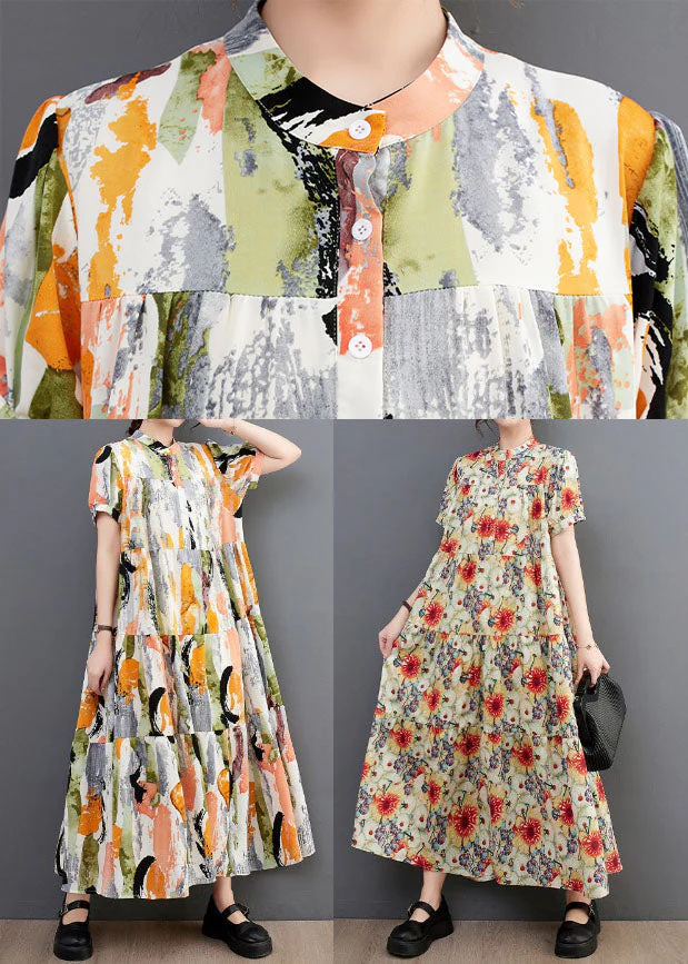 Fine Floral Print Stand Collar Exra Large Hem Cotton Shirt Dresses Summer - Image 5