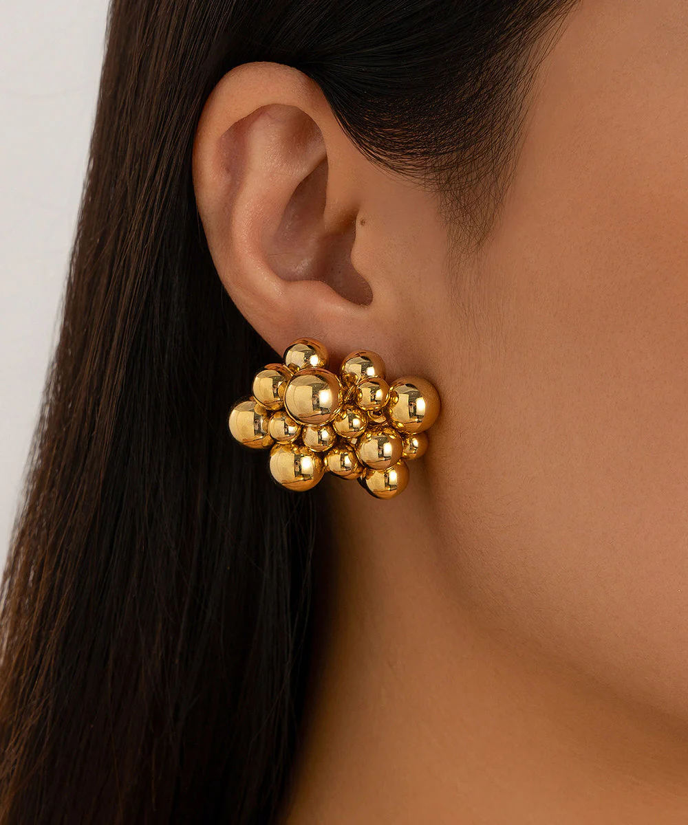 Fine Gold Copper Overgild Asymmetrical Patchwork Bead Stud Earrings - Image 3