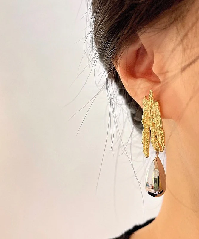 Fine Gold Copper Overgild Asymmetrical Water Droplet Gold Drop Earrings - Image 2